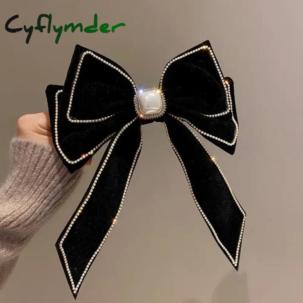 Cyflymder Big Velvet Bowknot Inlaid Rhinestones Imitation Pearl Hair Clips for Women Girls Vintage Soft Hairgrip Autumn