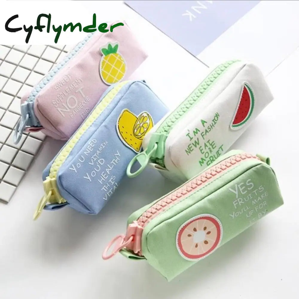 Cyflymder Big Zipper Pencil Case School For Girls Boys Student Stationery Canvas Fruit Bag Cute Pen