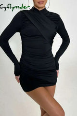 Cyflymder - Black Casual Solid Fold Half A Turtleneck Long Sleeve Dresses