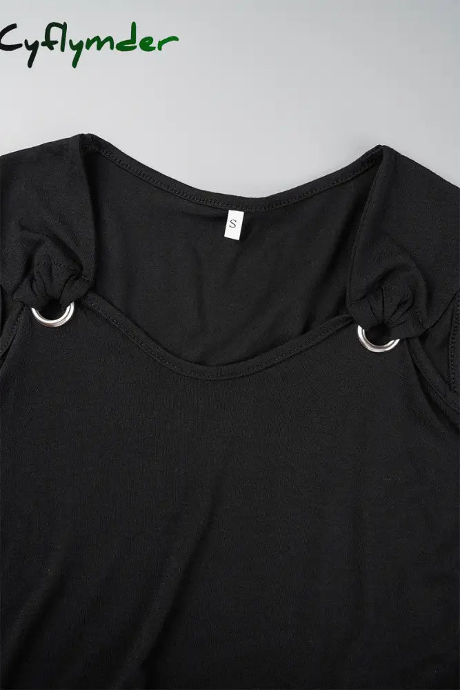 Cyflymder - Black Casual Solid Frenulum V Neck Long Sleeve Dresses