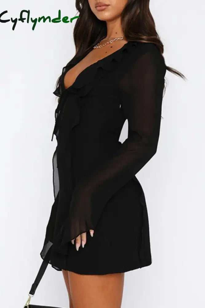 Cyflymder - Black Casual Solid Frenulum V Neck Long Sleeve Dresses