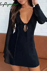 Cyflymder - Black Casual Solid Frenulum V Neck Long Sleeve Dresses