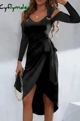 Cyflymder - Black Casual Solid Frenulum V Neck Long Sleeve Dresses