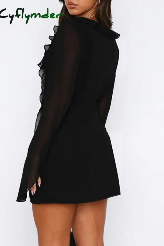 Cyflymder - Black Casual Solid Frenulum V Neck Long Sleeve Dresses