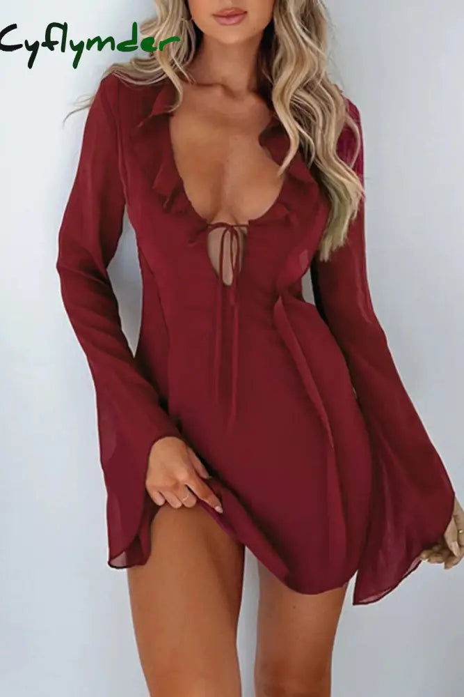 Cyflymder - Black Casual Solid Frenulum V Neck Long Sleeve Dresses Burgundy / S