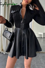 Cyflymder - Black Casual Solid Patchwork Mandarin Collar Long Sleeve Dresses
