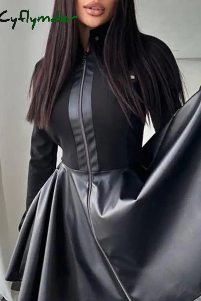 Cyflymder - Black Casual Solid Patchwork Mandarin Collar Long Sleeve Dresses