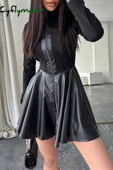 Cyflymder - Black Casual Solid Patchwork Mandarin Collar Long Sleeve Dresses