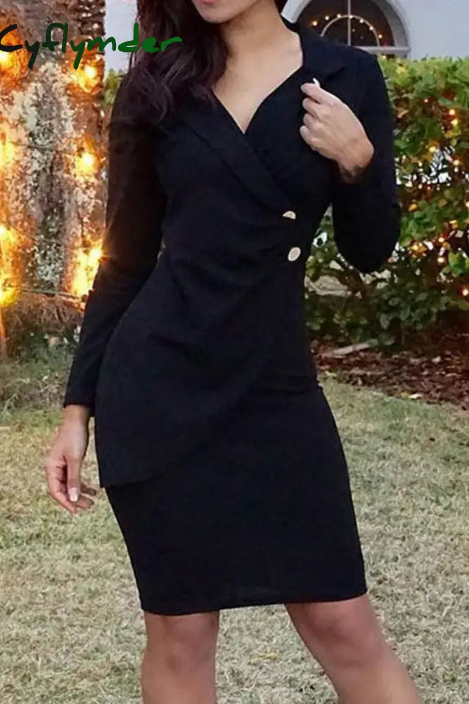 Cyflymder - Black Casual Solid Patchwork V Neck Long Sleeve Dresses