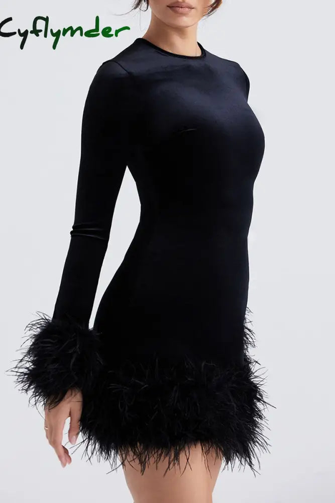 Cyflymder - Black Celebrities Solid Patchwork Feathers O Neck One Step Skirt Dresses