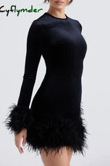 Cyflymder - Black Celebrities Solid Patchwork Feathers O Neck One Step Skirt Dresses