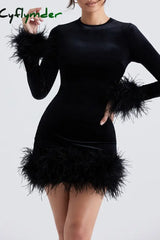 Cyflymder - Black Celebrities Solid Patchwork Feathers O Neck One Step Skirt Dresses / S