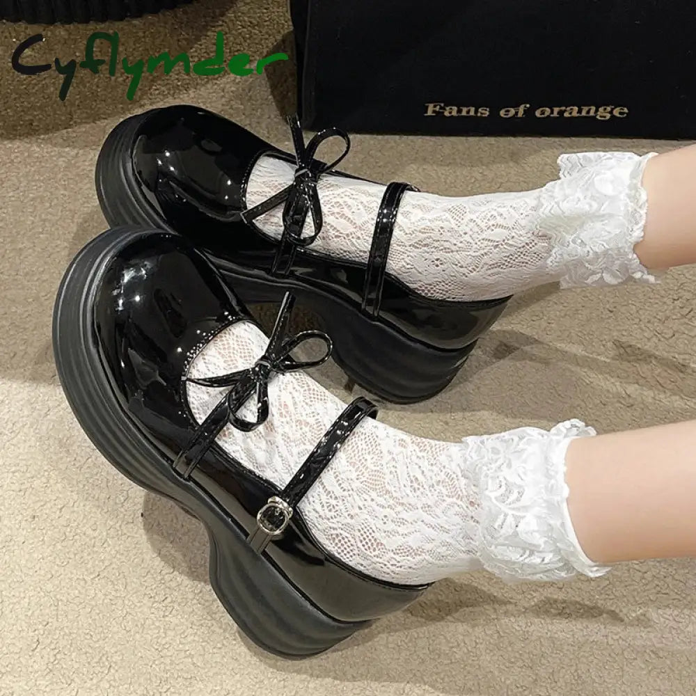 Black Chunky Platform Mary Jane Shoes for Women Autumn Patent Leather Pumps Woman Thick Bottom Bowknot Lolita Shoes Ladies