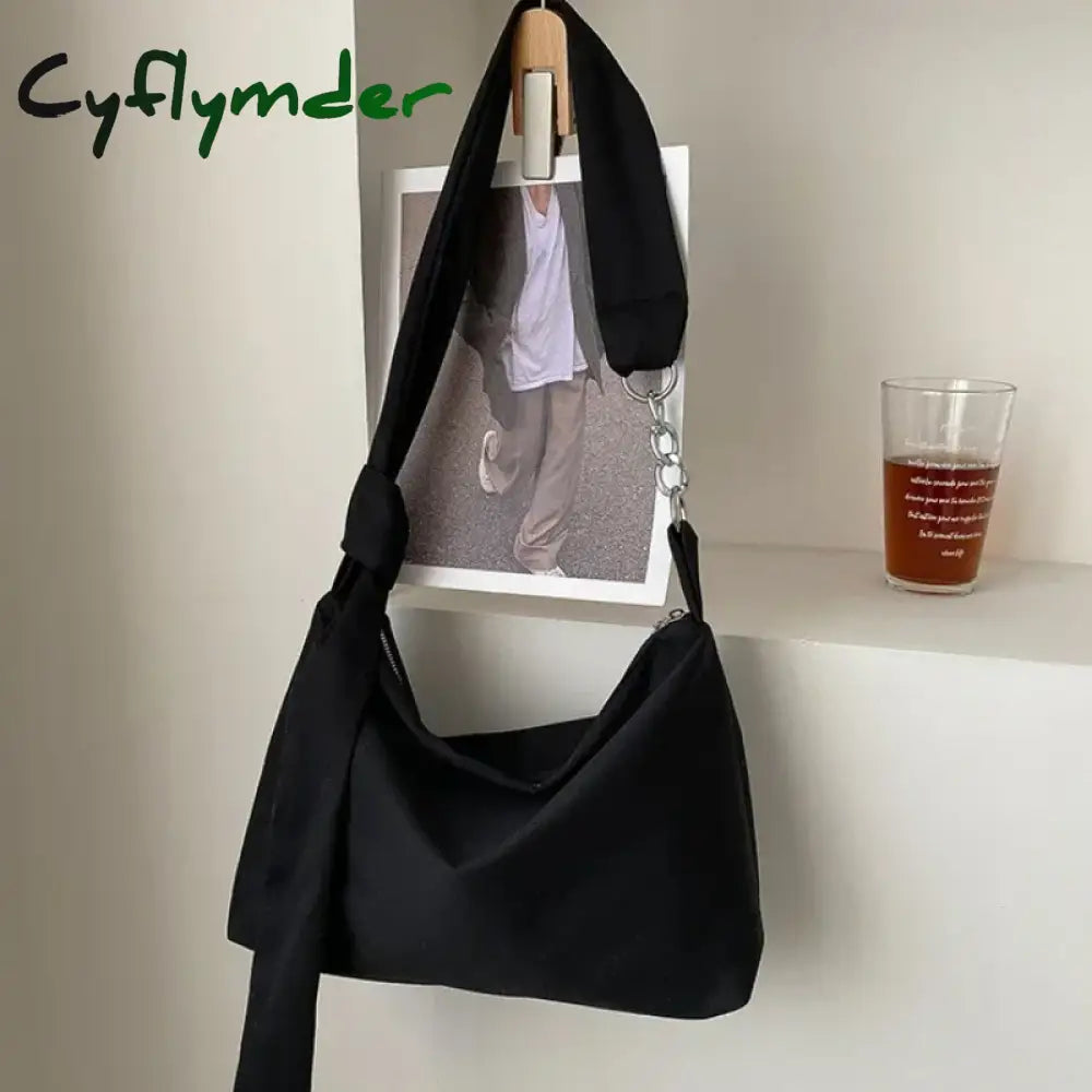 Cyflymder Black Crossbody for Women Girls Handbag Shopper Casual Solid Simple Chain Knotted Straps Messenger Shoulder