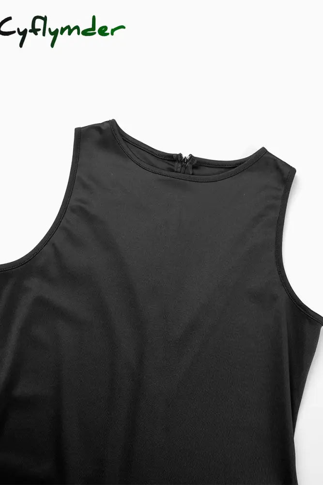 Cyflymder - Black Daily Party Elegant Simplicity Patchwork Feathers Solid Color O Neck Sleeveless