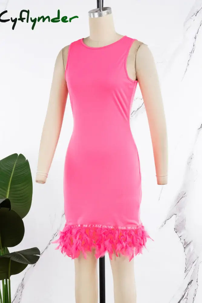 Cyflymder - Black Daily Party Elegant Simplicity Patchwork Feathers Solid Color O Neck Sleeveless