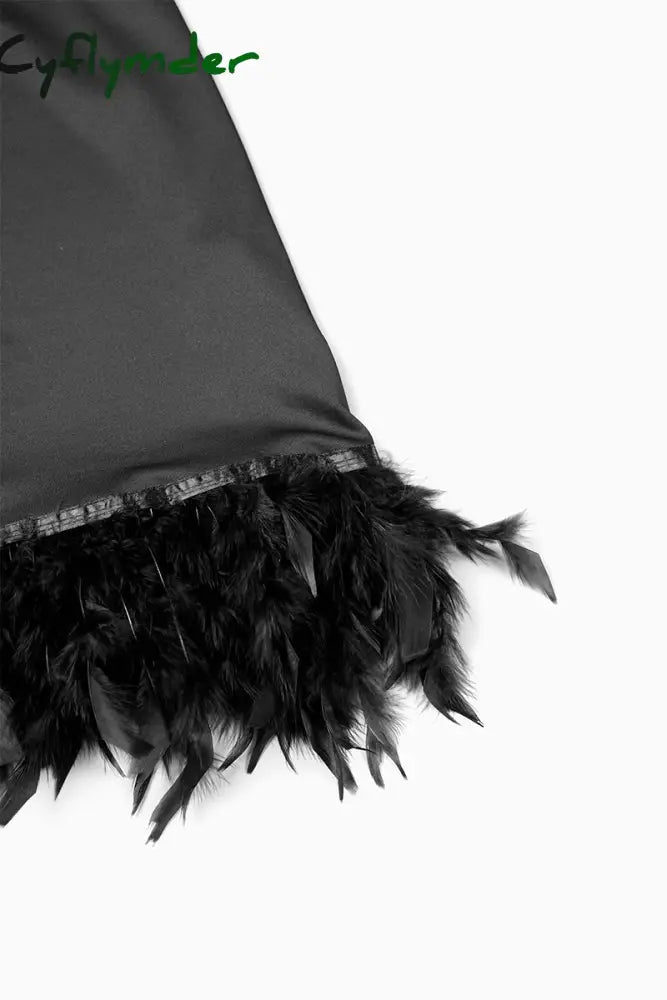 Cyflymder - Black Daily Party Elegant Simplicity Patchwork Feathers Solid Color O Neck Sleeveless