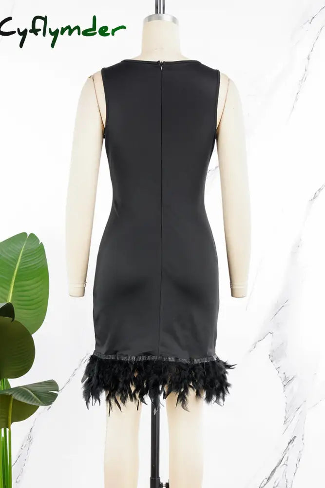 Cyflymder - Black Daily Party Elegant Simplicity Patchwork Feathers Solid Color O Neck Sleeveless