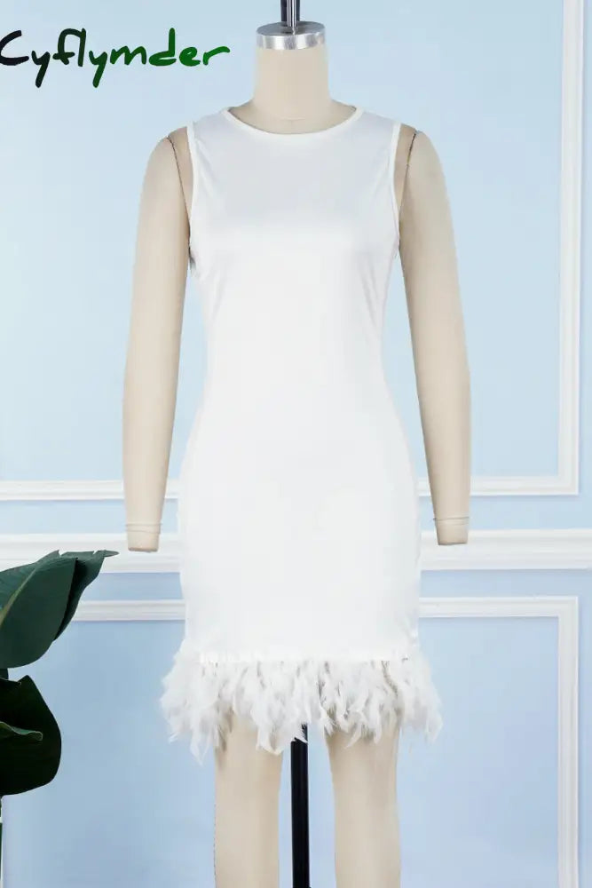 Cyflymder - Black Daily Party Elegant Simplicity Patchwork Feathers Solid Color O Neck Sleeveless
