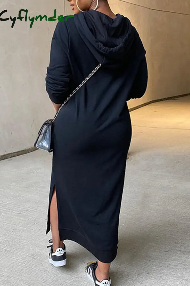 Cyflymder - Black Fashion Casual Solid Slit Hooded Collar Long Sleeve Dresses