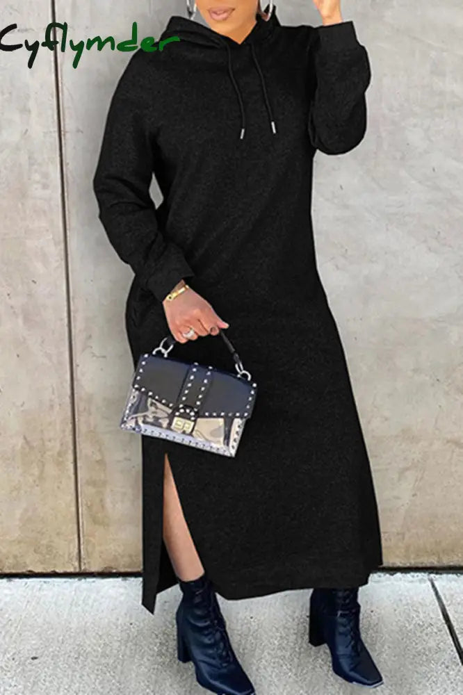 Cyflymder - Black Fashion Casual Solid Slit Hooded Collar Long Sleeve Dresses