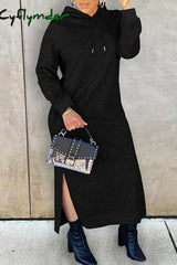 Cyflymder - Black Fashion Casual Solid Slit Hooded Collar Long Sleeve Dresses