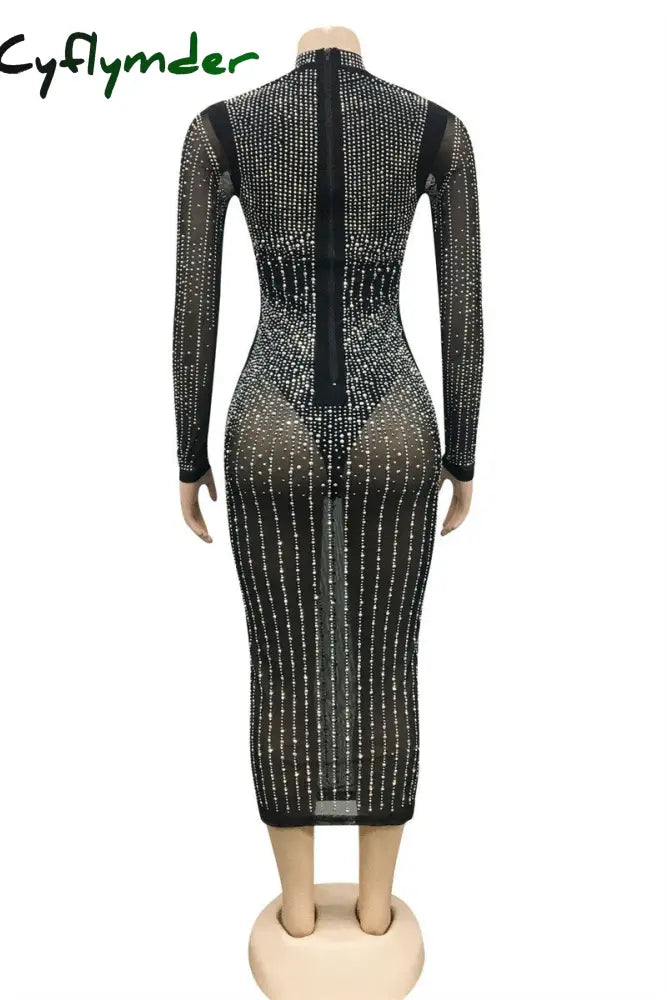 Cyflymder - Black Fashion Sexy Patchwork Hot Drilling Hollowed Out See-Through Half A Turtleneck