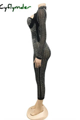 Cyflymder - Black Fashion Sexy Patchwork Hot Drilling Hollowed Out See-Through Half A Turtleneck