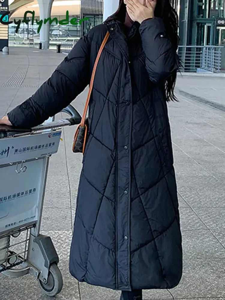 Black Parkas for Women Hooded Turtleneck Thermal Casual Long Coat Winter Fashion Loose Single Breasted Outerwear Cyflymder