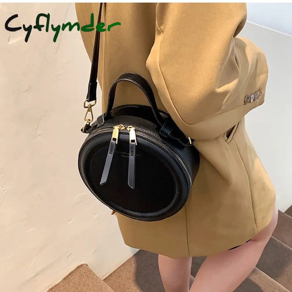 Cyflymder Black Round Handbag Vintage Shoulder Bag For Women Clutch Purses Winter High Quality