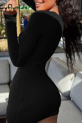 Cyflymder - Black Sexy Casual Solid Patchwork Square Collar Long Sleeve Dresses
