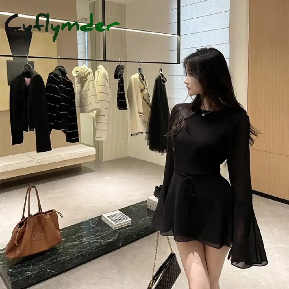 Cyflymder Black Sexy Dress Women Off Shoulder Partywear Lace-Up Elegant Flare Sleeve Mini Y2K