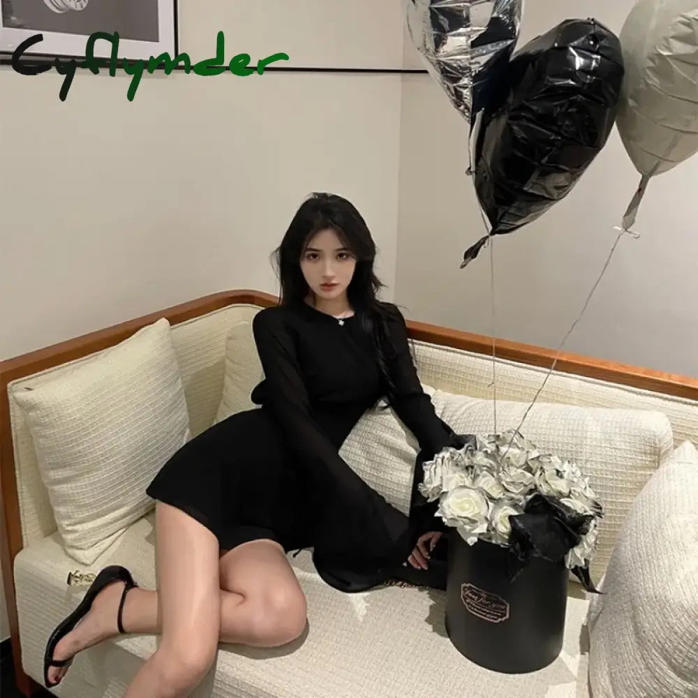Cyflymder Black Sexy Dress Women Off Shoulder Partywear Lace-Up Elegant Flare Sleeve Mini Y2K