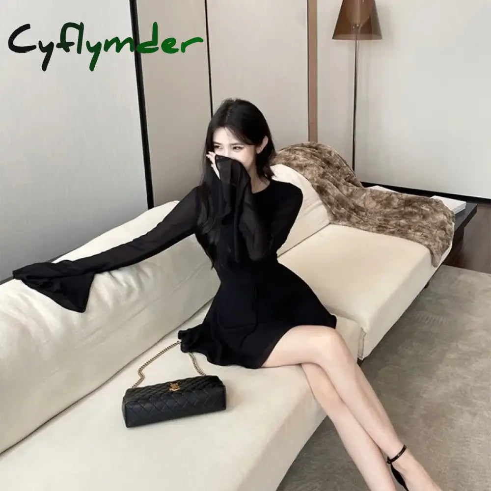 Cyflymder Black Sexy Dress Women Off Shoulder Partywear Lace-Up Elegant Flare Sleeve Mini Y2K