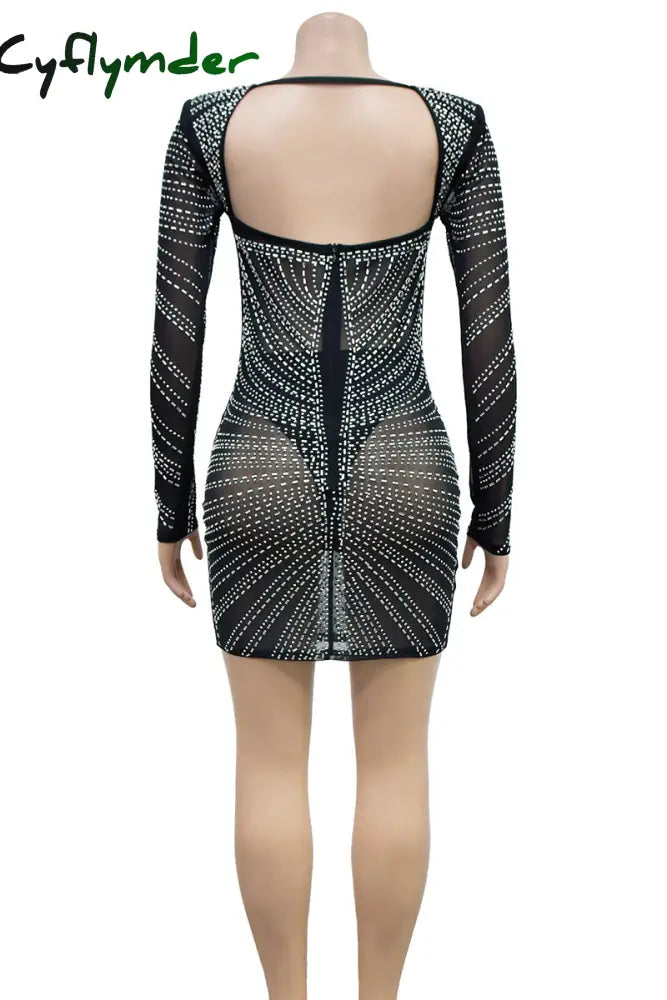Cyflymder - Black Sexy Elegant Solid Patchwork Backless Mesh Hot Drill Asymmetrical Collar One Step