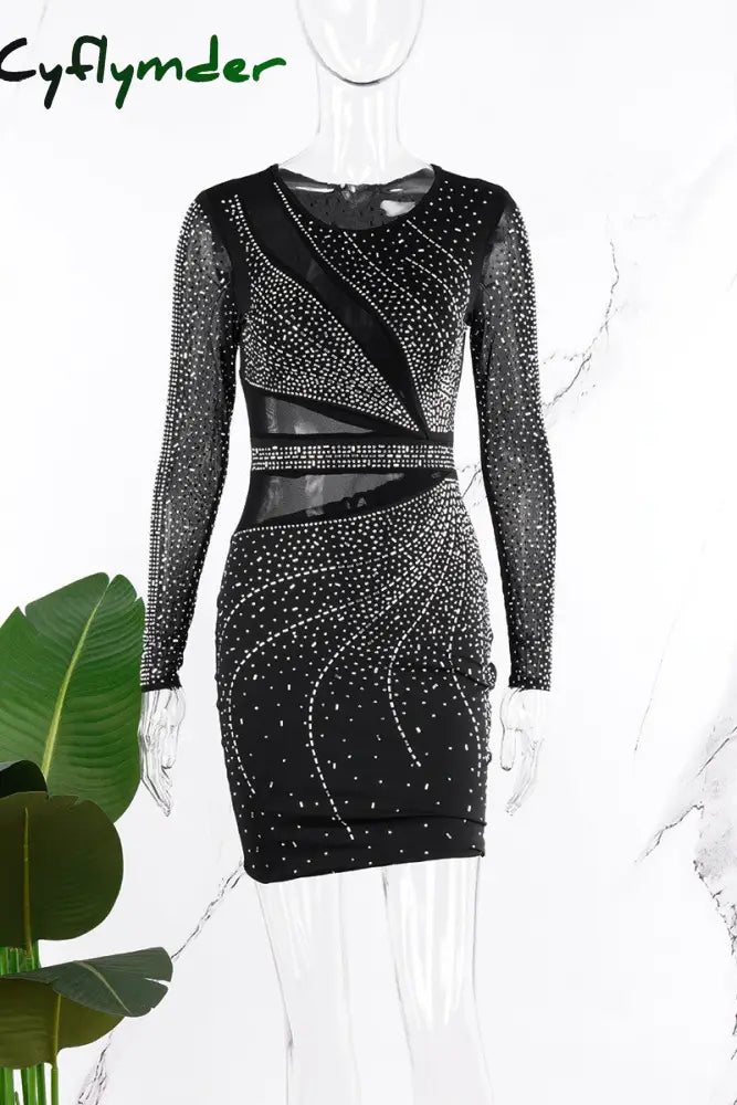 Cyflymder - Black Sexy Patchwork Hot Drilling See-Through O Neck Long Sleeve Dresses