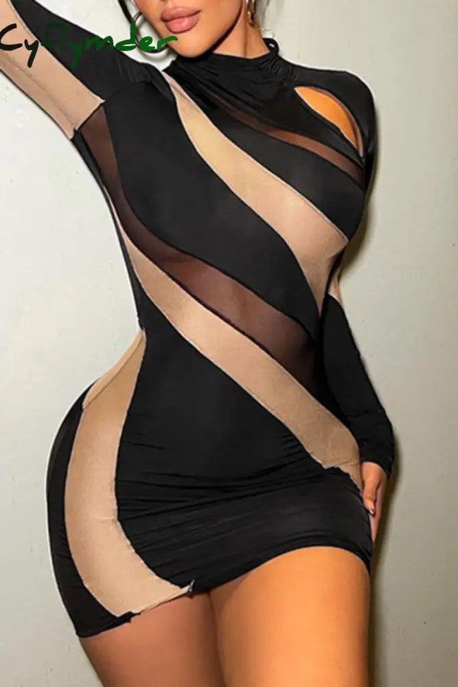 Cyflymder - Black Sexy Patchwork See-Through O Neck Long Sleeve Dresses