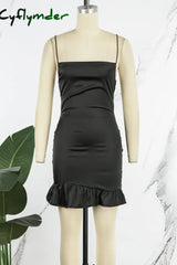 Cyflymder - Black Sexy Solid Backless Cross Straps Spaghetti Strap Sleeveless Dress Dresses