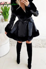 Cyflymder - Black Sexy Solid Bandage Patchwork Feathers Hooded Collar Outerwear Cardigans