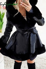 Cyflymder - Black Sexy Solid Bandage Patchwork Feathers Hooded Collar Outerwear Cardigans