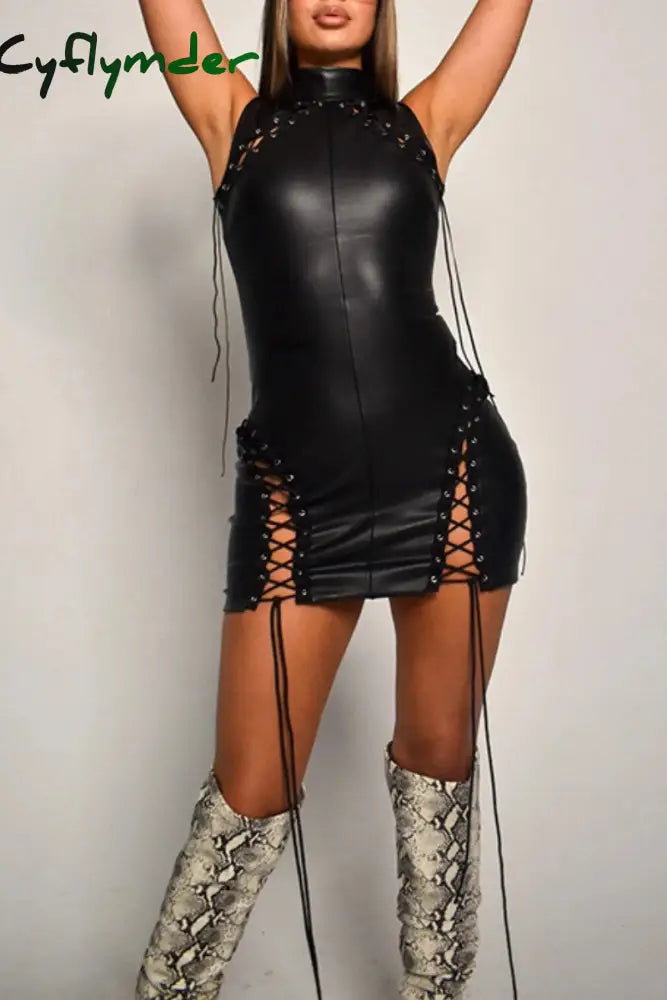 Cyflymder - Black Sexy Solid Frenulum Turtleneck Sleeveless Dress Dresses