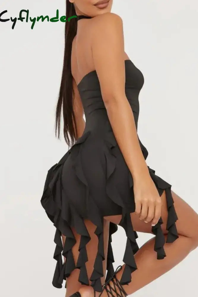 Cyflymder - Black Sexy Solid Tassel Backless Strapless Sleeveless Dress Dresses