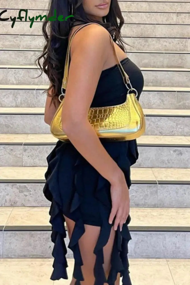 Cyflymder - Black Sexy Solid Tassel Backless Strapless Sleeveless Dress Dresses