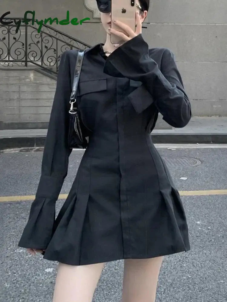 Cyflymder Black Shirt Dress Women Elegant Vintage Long Sleeve Dresses Sexy Gothic Pleated Streetwear Turn-down Collar