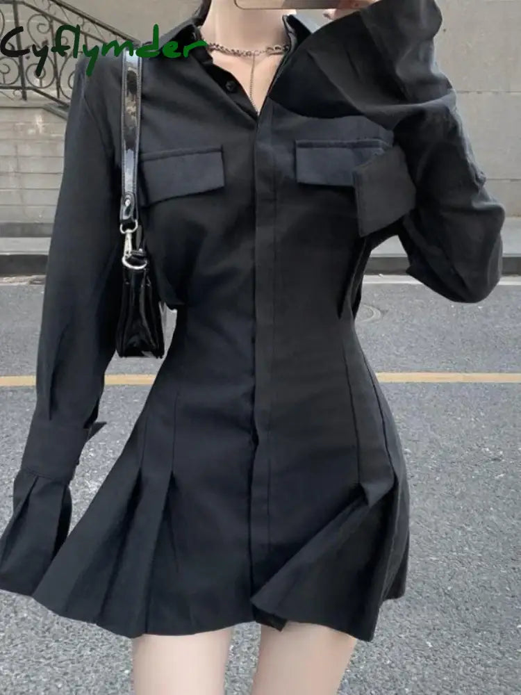 Cyflymder Black Shirt Dress Women Elegant Vintage Long Sleeve Dresses Sexy Gothic Pleated Streetwear Turn-down Collar