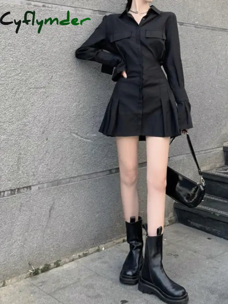 Cyflymder Black Shirt Dress Women Elegant Vintage Long Sleeve Dresses Sexy Gothic Pleated Streetwear Turn-down Collar