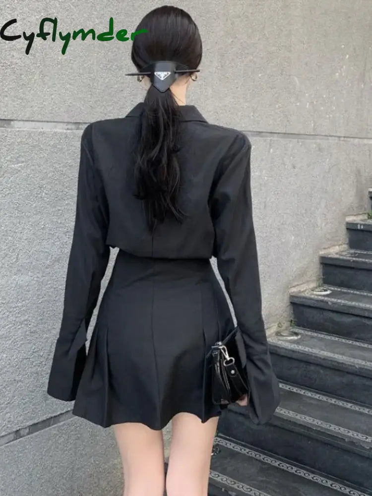 Cyflymder Black Shirt Dress Women Elegant Vintage Long Sleeve Dresses Sexy Gothic Pleated Streetwear Turn-down Collar