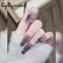 Cyflymder Black Square Press On Nails With 3D Cross Designs - Full Cover Acrylic False For Women