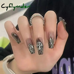 Cyflymder Black Square Press On Nails With 3D Cross Designs - Full Cover Acrylic False For Women