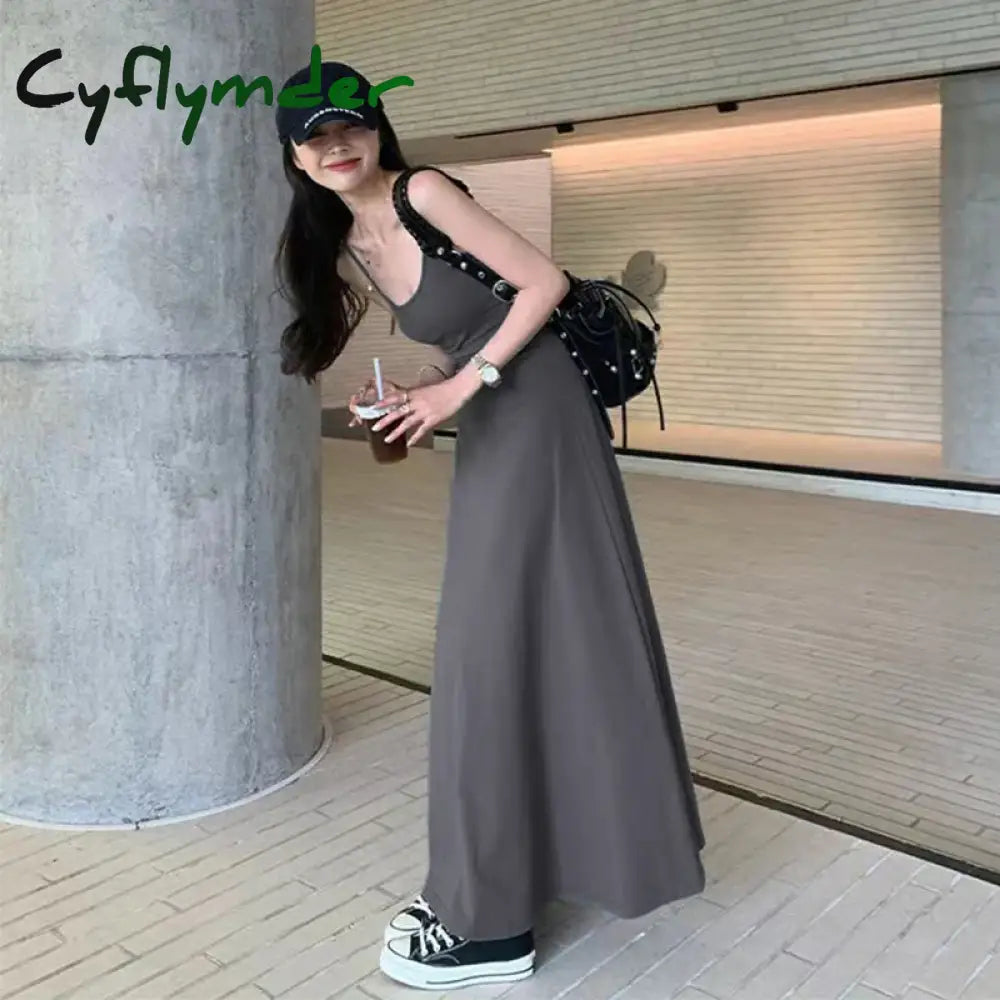 Cyflymder Black Stap Long Dress Women Streetwear Sleeveless A Line Dresses Y2K Korean Slim Sundress